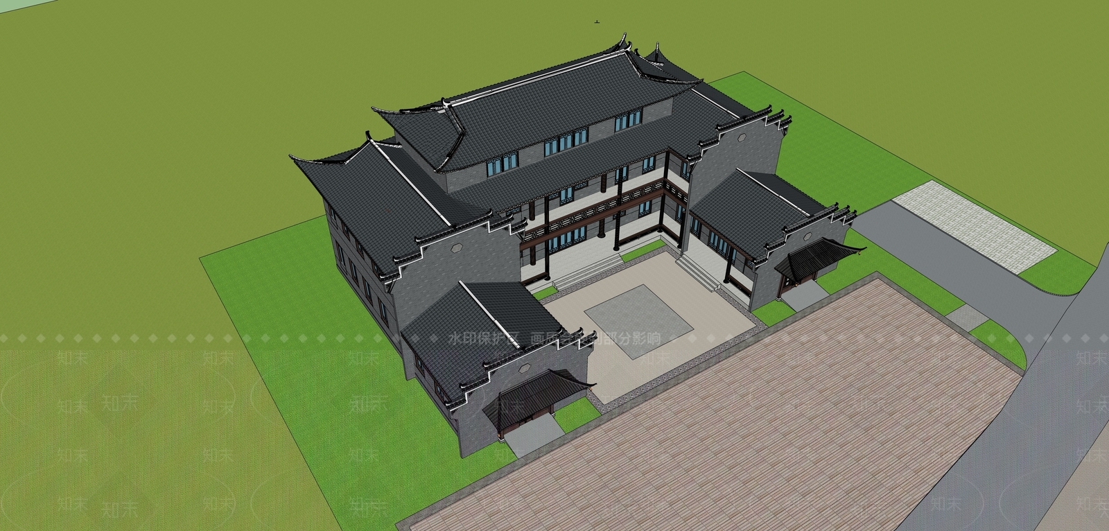 中式特色三合院SU模型下载【ID:1158850423】