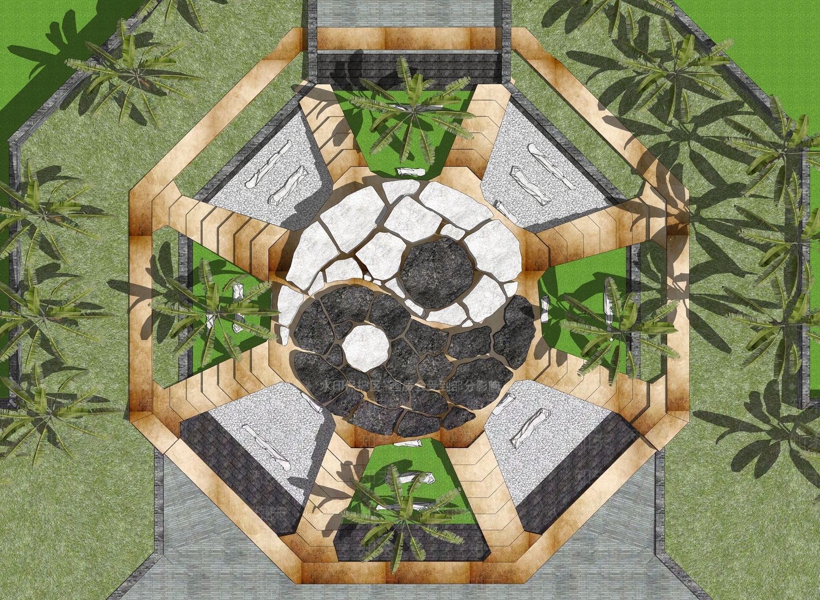 新中式八卦石块黑白阴阳鱼占卜文化广场SU模型下载【ID:1158851340】