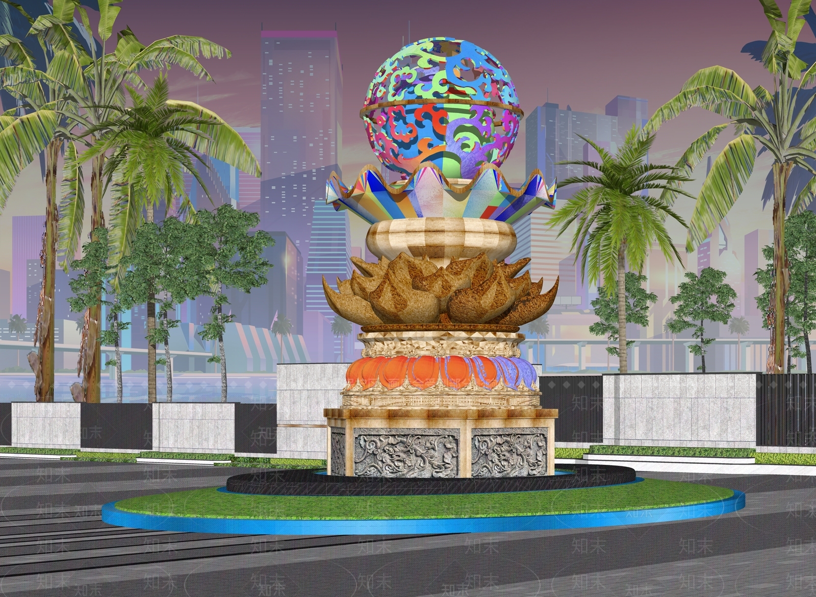 新中式莲花基座灯笼雕塑SU模型下载【ID:1158851621】