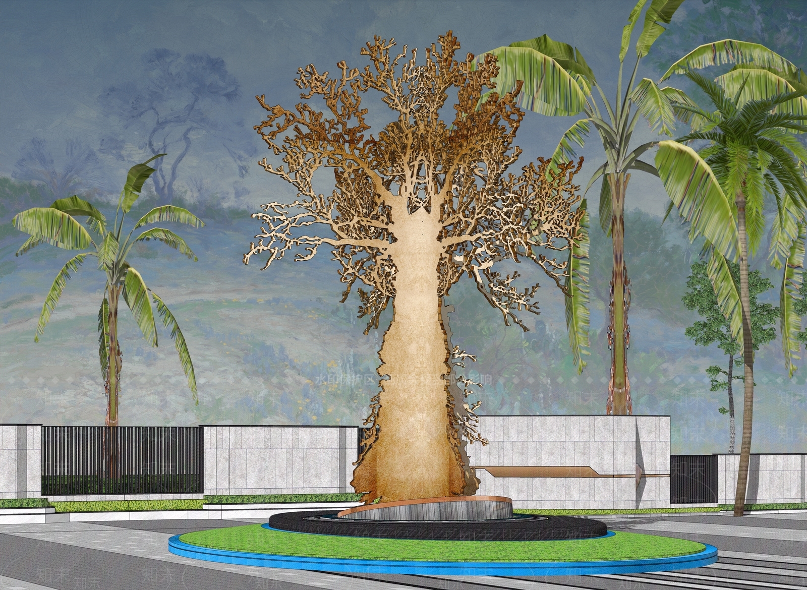 现代铁树铁皮花树造型雕塑SU模型下载【ID:1158852833】