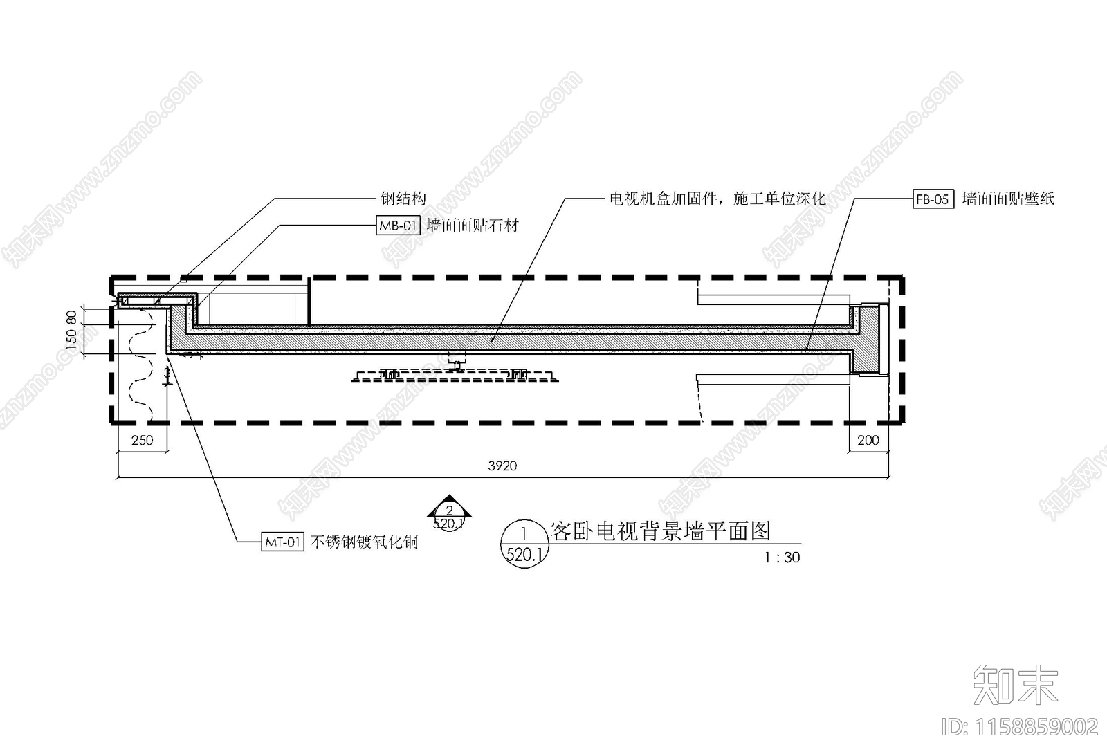 壁挂液晶电视墙施工详图cad施工图下载【ID:1158859002】