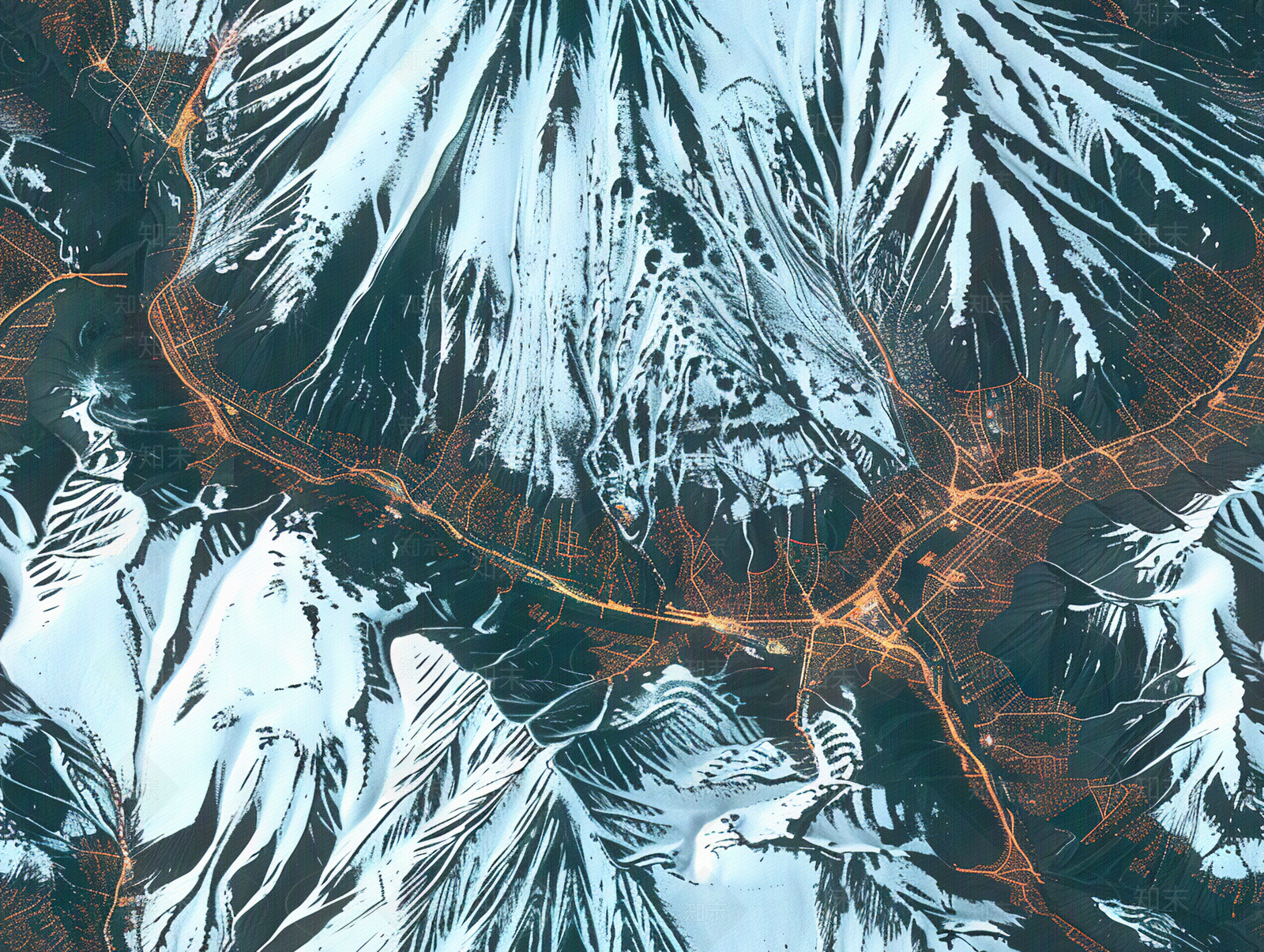 无缝航拍雪山小镇卫星地图贴图下载【ID:1158861722】