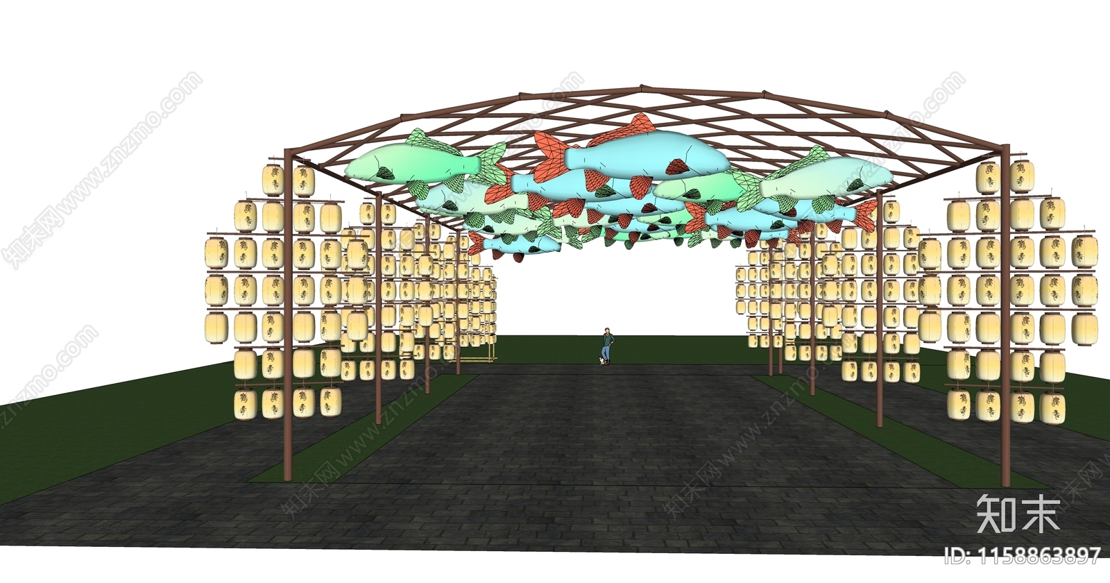 新中式景观夜市鱼灯装饰SU模型下载【ID:1158863897】
