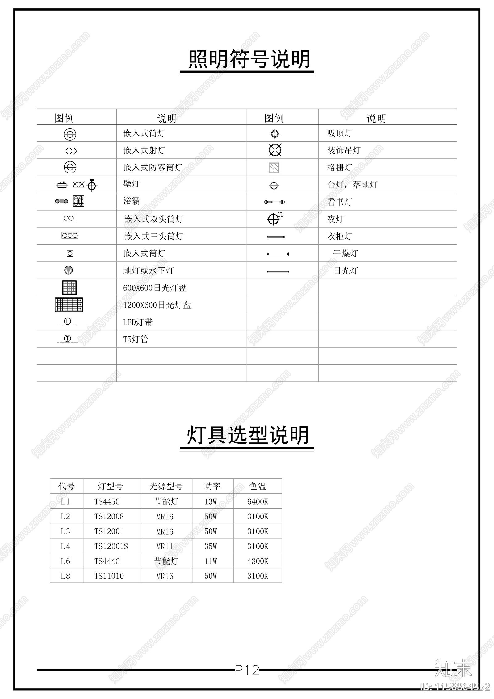 照明符号说明cad施工图下载【ID:1158864552】