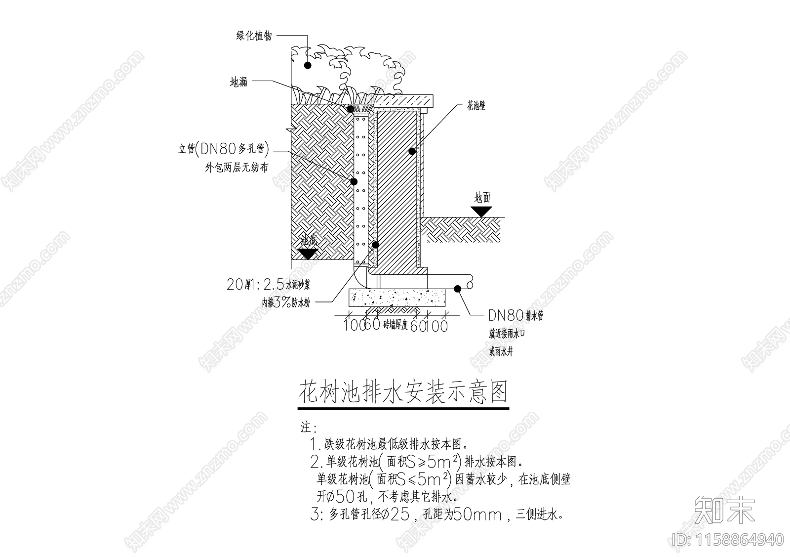 花树池排水安装示意图施工图下载【ID:1158864940】