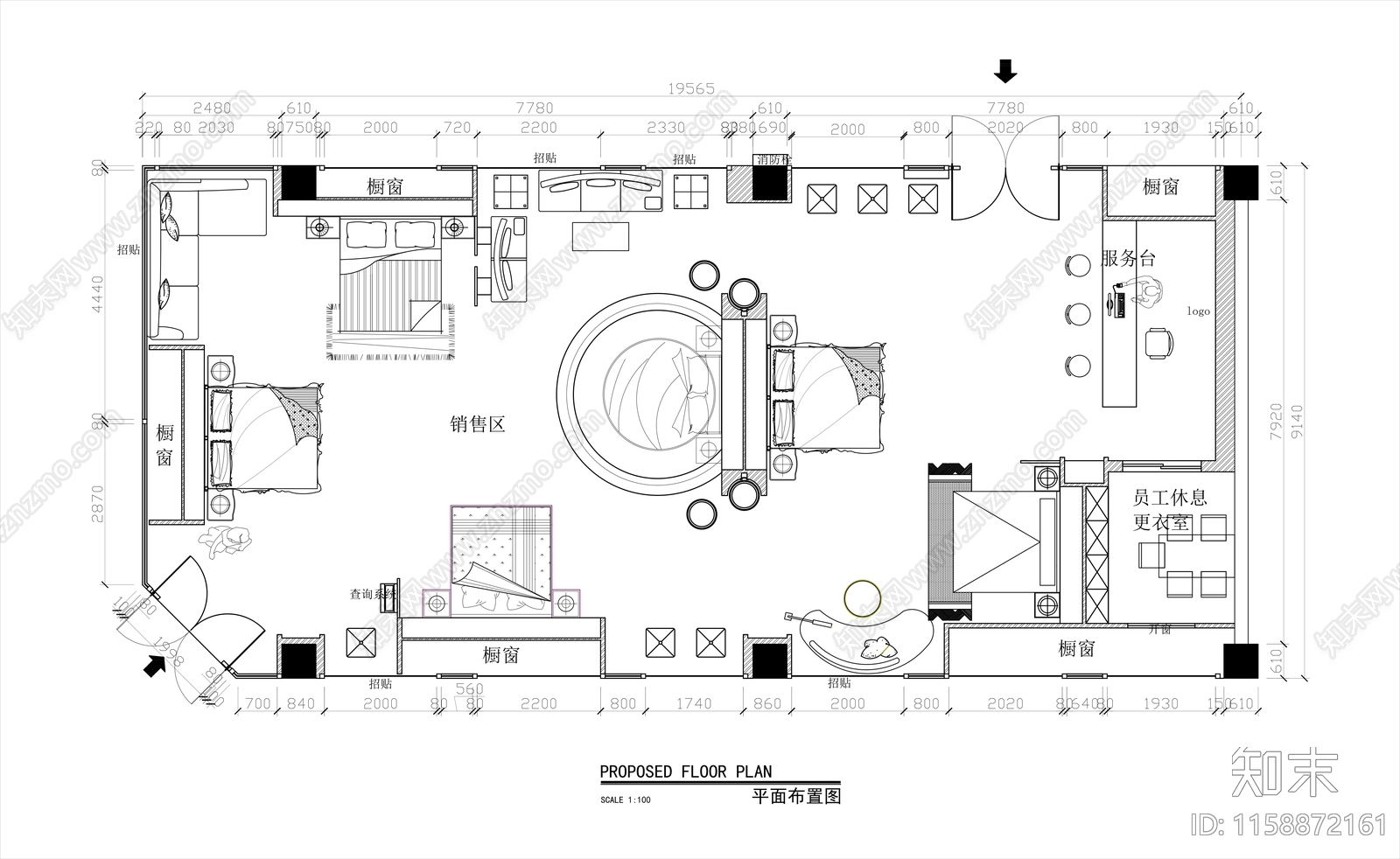 200㎡国际家具展厅平面布置图cad施工图下载【ID:1158872161】