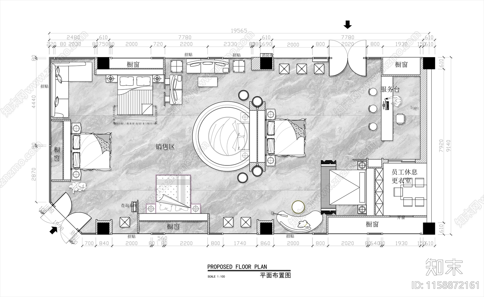 200㎡国际家具展厅平面布置图cad施工图下载【ID:1158872161】