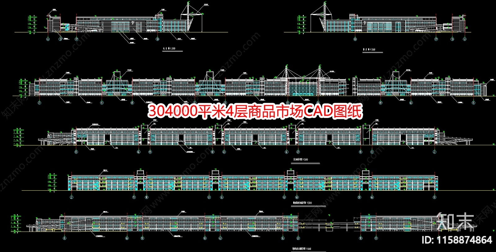 304000平米4层商品市场图纸cad施工图下载【ID:1158874864】