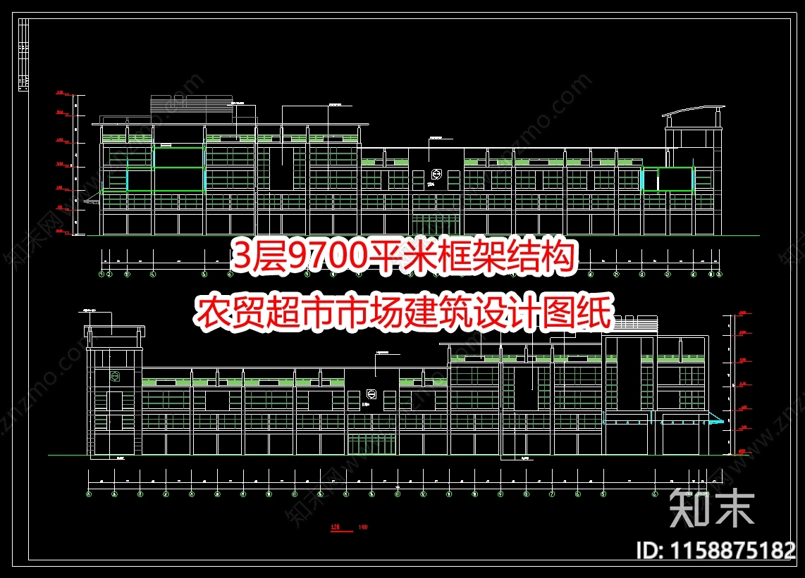 3层9700平米框架结构农贸超市市场建筑设计图纸施工图下载【ID:1158875182】