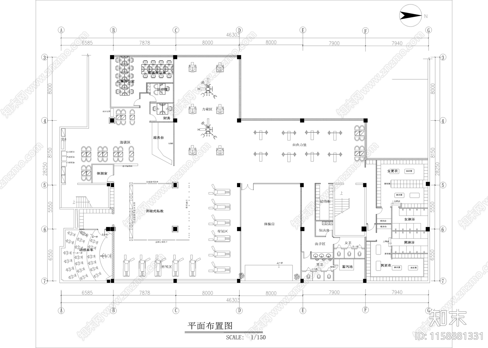 1080㎡健身房cad施工图下载【ID:1158881331】