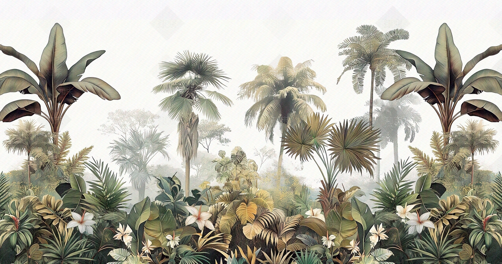 热带雨林文艺植物壁画贴图下载【ID:1158881541】