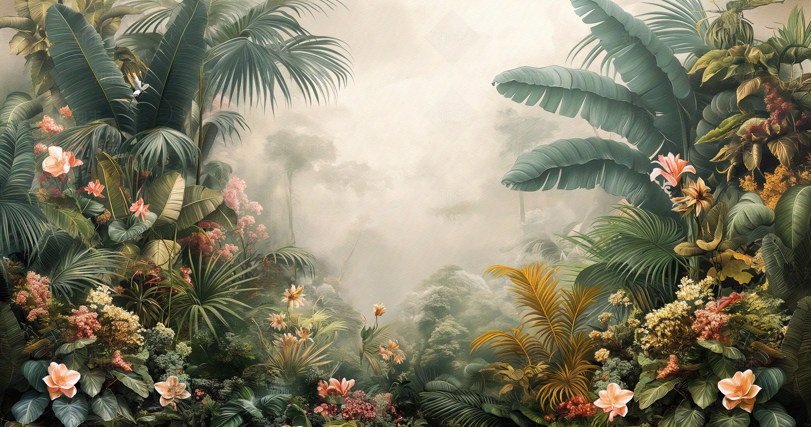 热带雨林文艺植物壁画贴图下载【ID:1158884051】