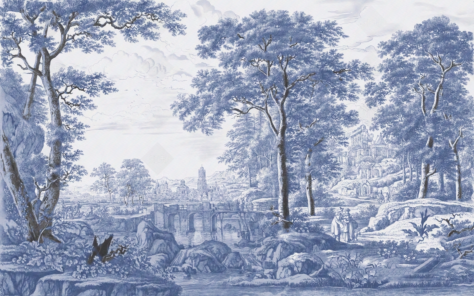 蓝色欧式文艺复兴植物壁画壁纸贴图下载【ID:1158887686】