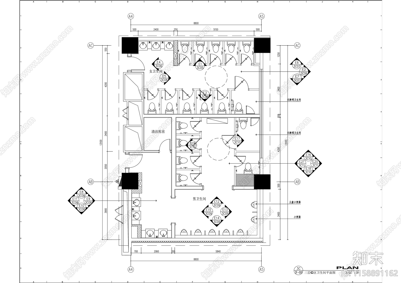 现代风格公共卫生间洗手间室内精装修cad施工图下载【ID:1158891162】