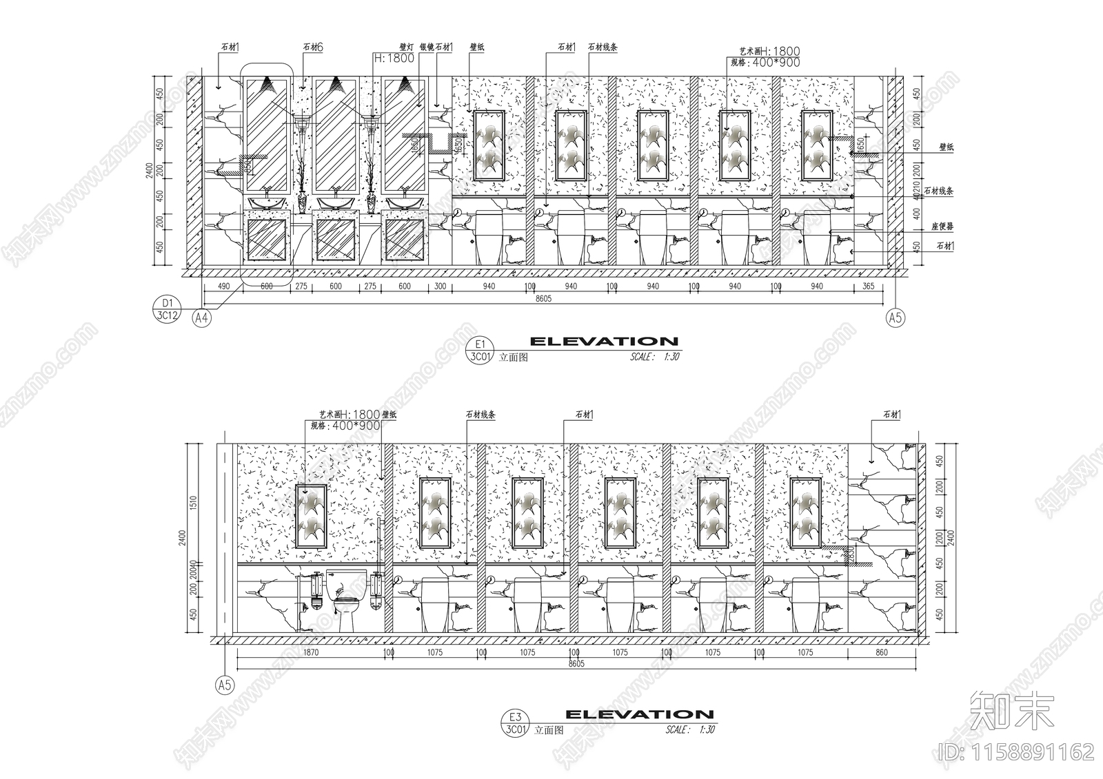 现代风格公共卫生间洗手间室内精装修cad施工图下载【ID:1158891162】