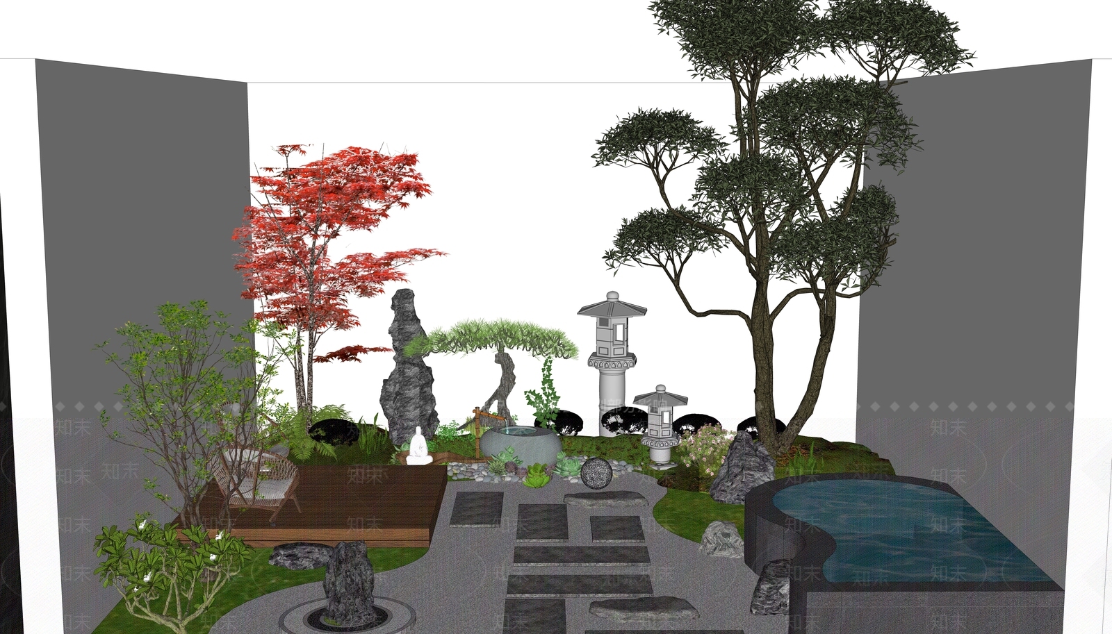 新中式庭院景观SU模型下载【ID:1158905320】