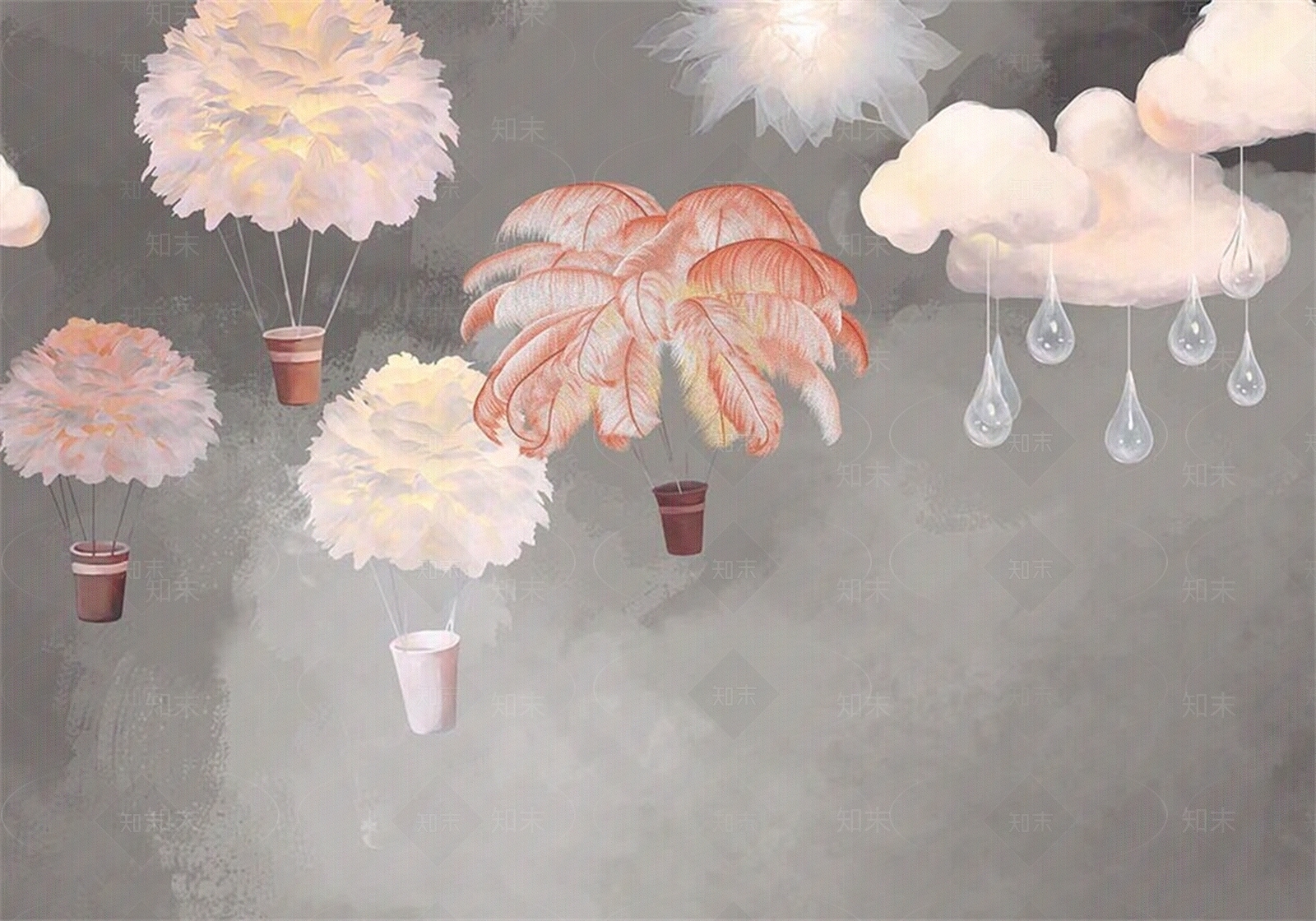 儿童房灰粉色羽毛壁纸壁画贴图下载【ID:1158931251】