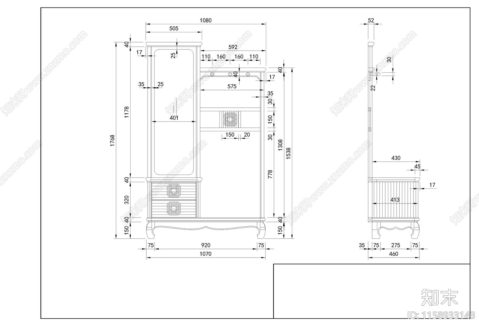 穿衣镜全套图cad施工图下载【ID:1158933143】