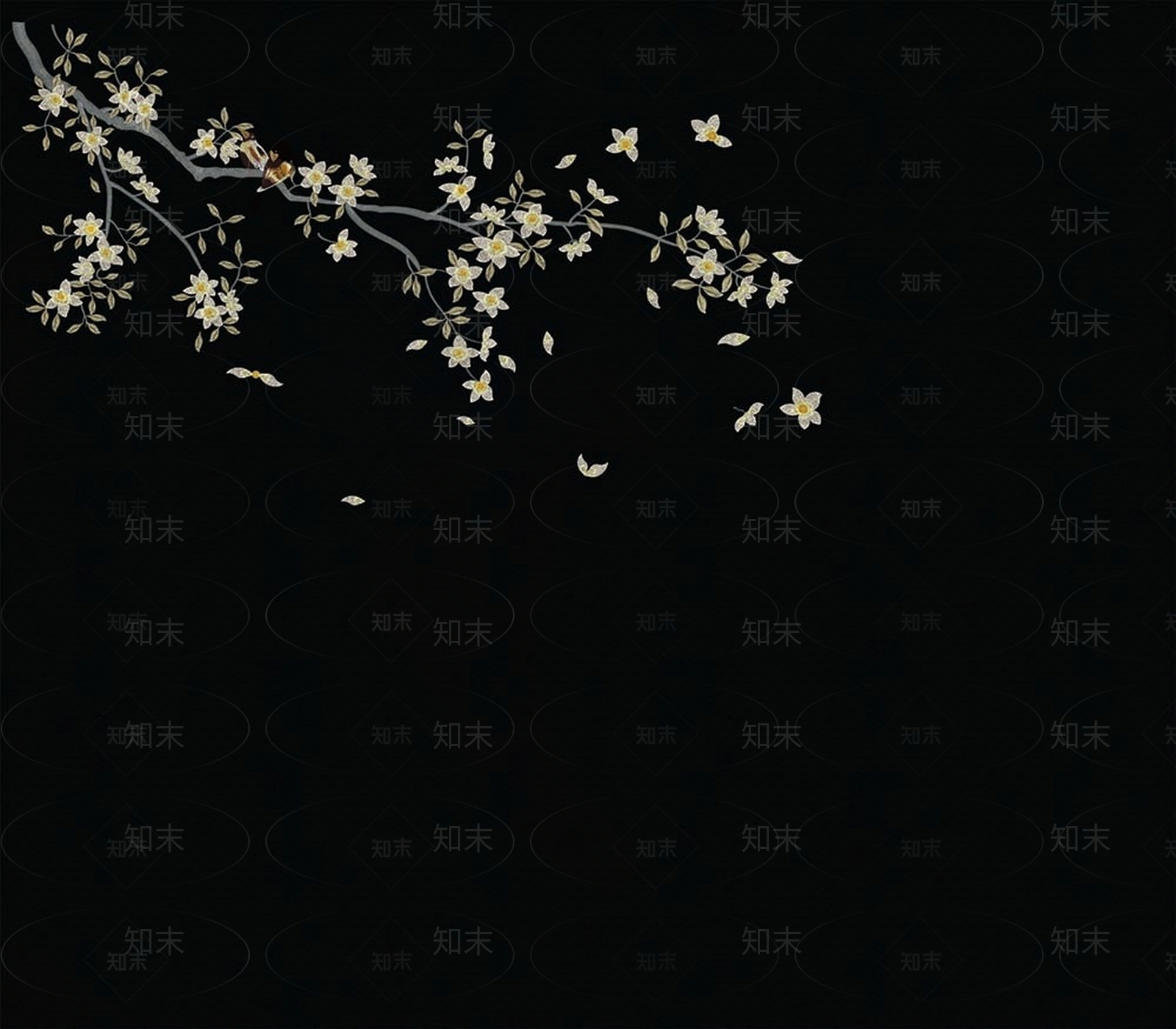 黑色新中式玉兰花鸟壁画贴图下载【ID:1158938135】