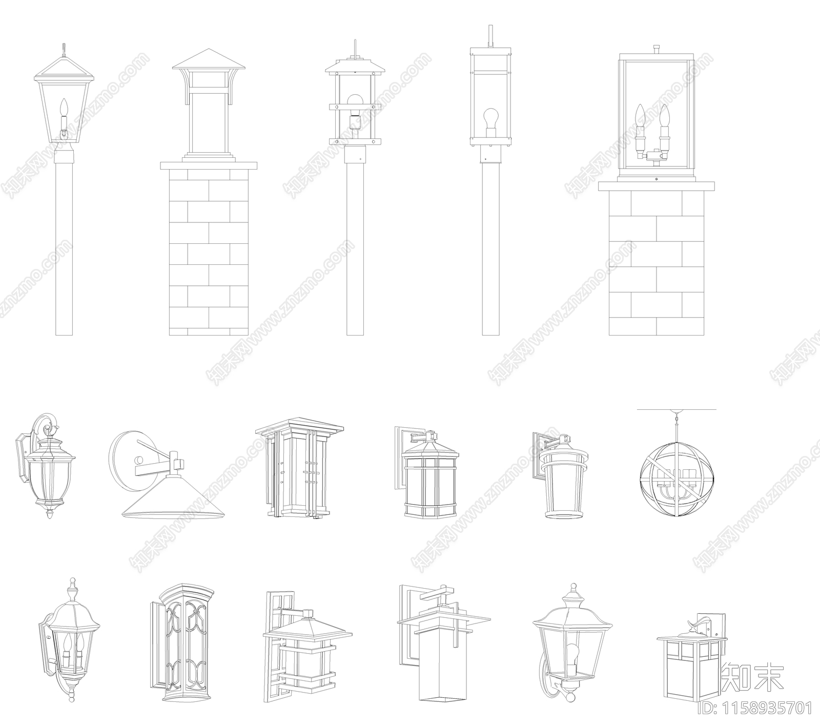 各种庭院灯图库cad施工图下载【ID:1158935701】