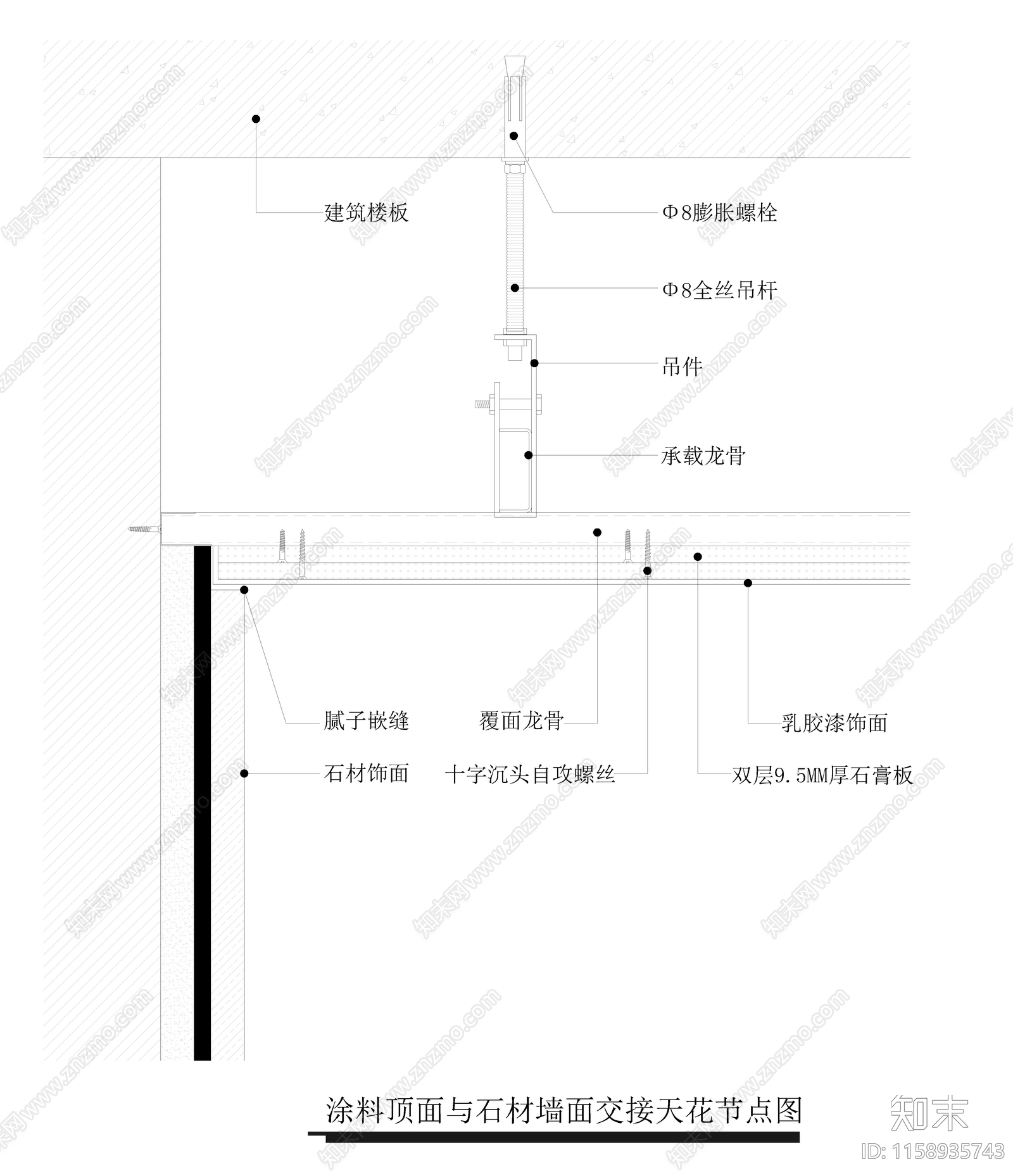 涂料顶面与石材墙面交接天花节点图施工图下载【ID:1158935743】