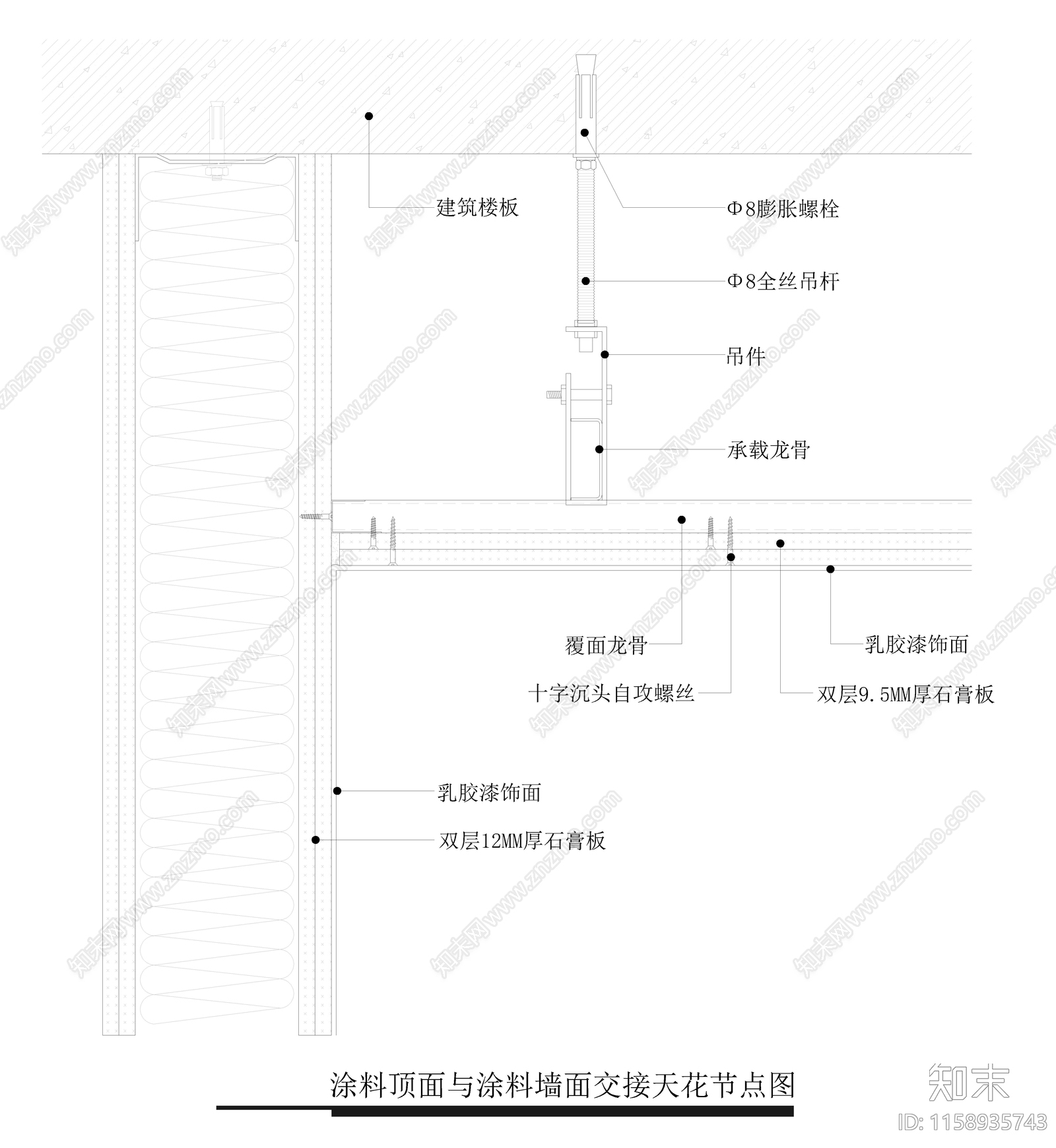 涂料顶面与石材墙面交接天花节点图施工图下载【ID:1158935743】