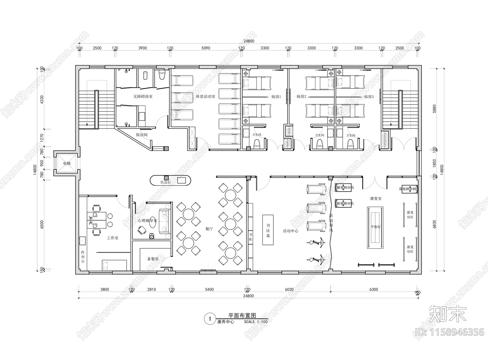 康复疗养中cad施工图下载【ID:1158946356】