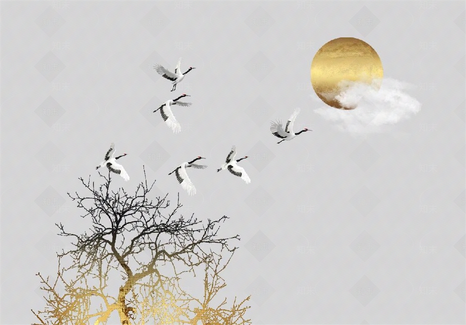 新中式金箔仙鹤太阳壁画贴图下载【ID:1158946780】