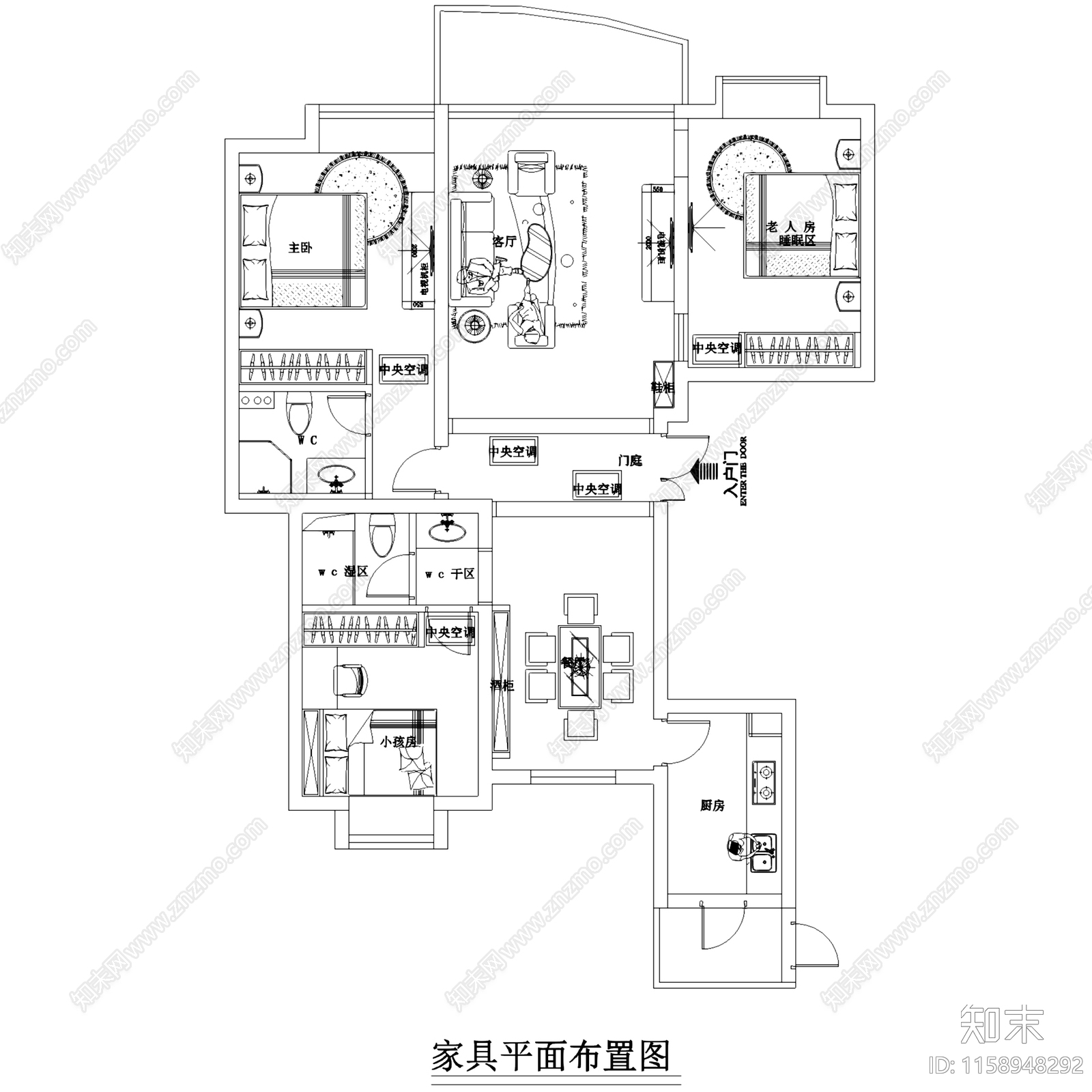 欧式美式三室两厅两卫室内家装cad施工图下载【ID:1158948292】