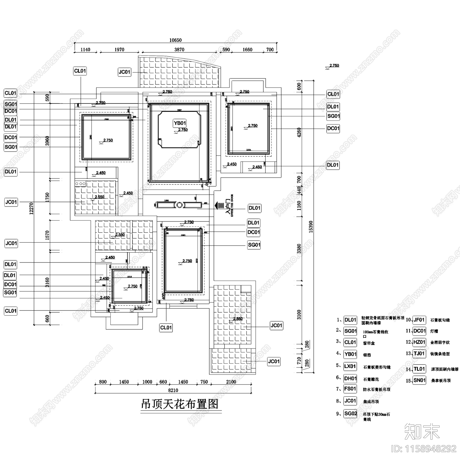 欧式美式三室两厅两卫室内家装cad施工图下载【ID:1158948292】