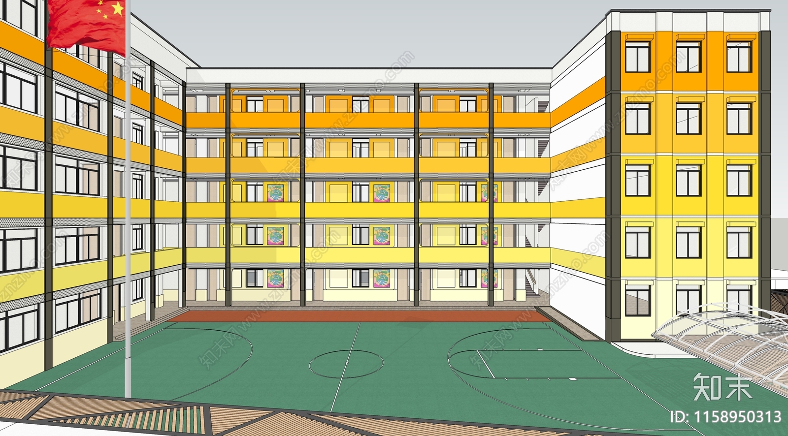 现代小学校园多巴胺配色建筑外立面SU模型下载【ID:1158950313】