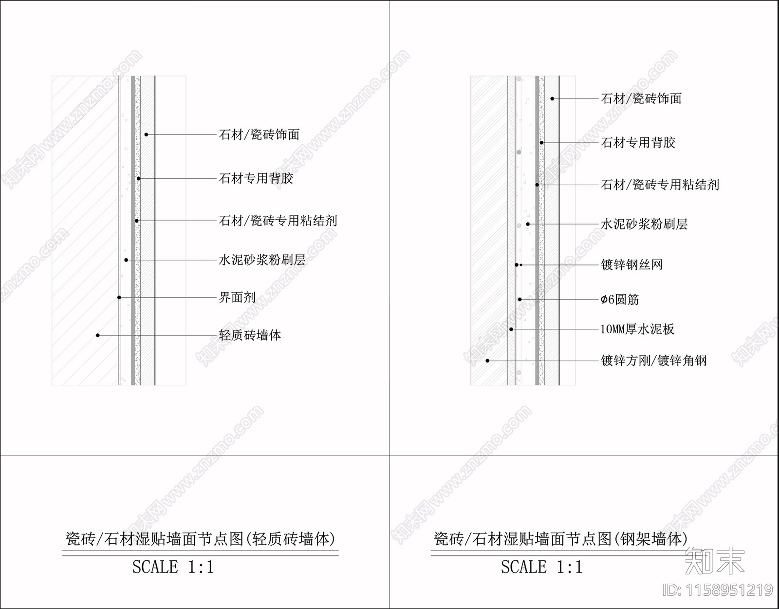 瓷砖石材湿贴墙面节点图cad施工图下载【ID:1158951219】