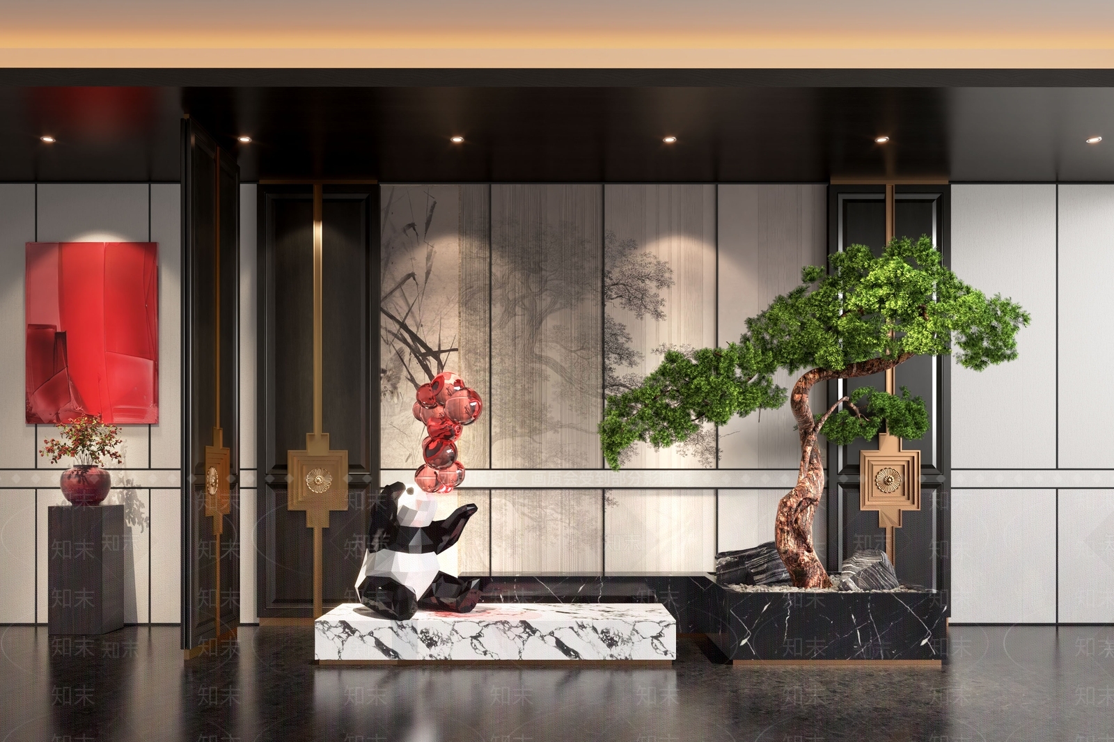 现代熊猫雕塑SU模型下载【ID:1158954867】