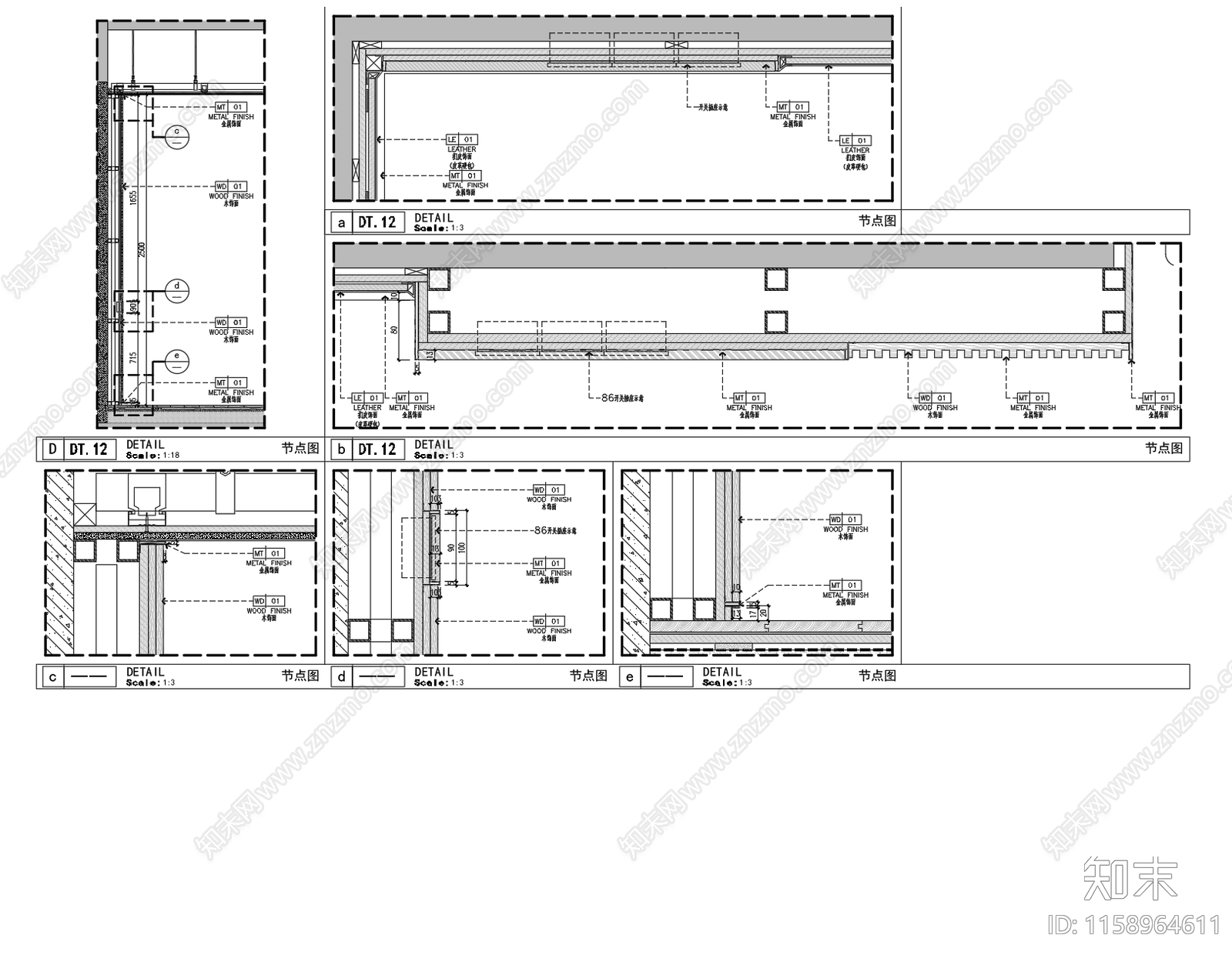 现代样板房主卧床背景墙独立节点图cad施工图下载【ID:1158964611】