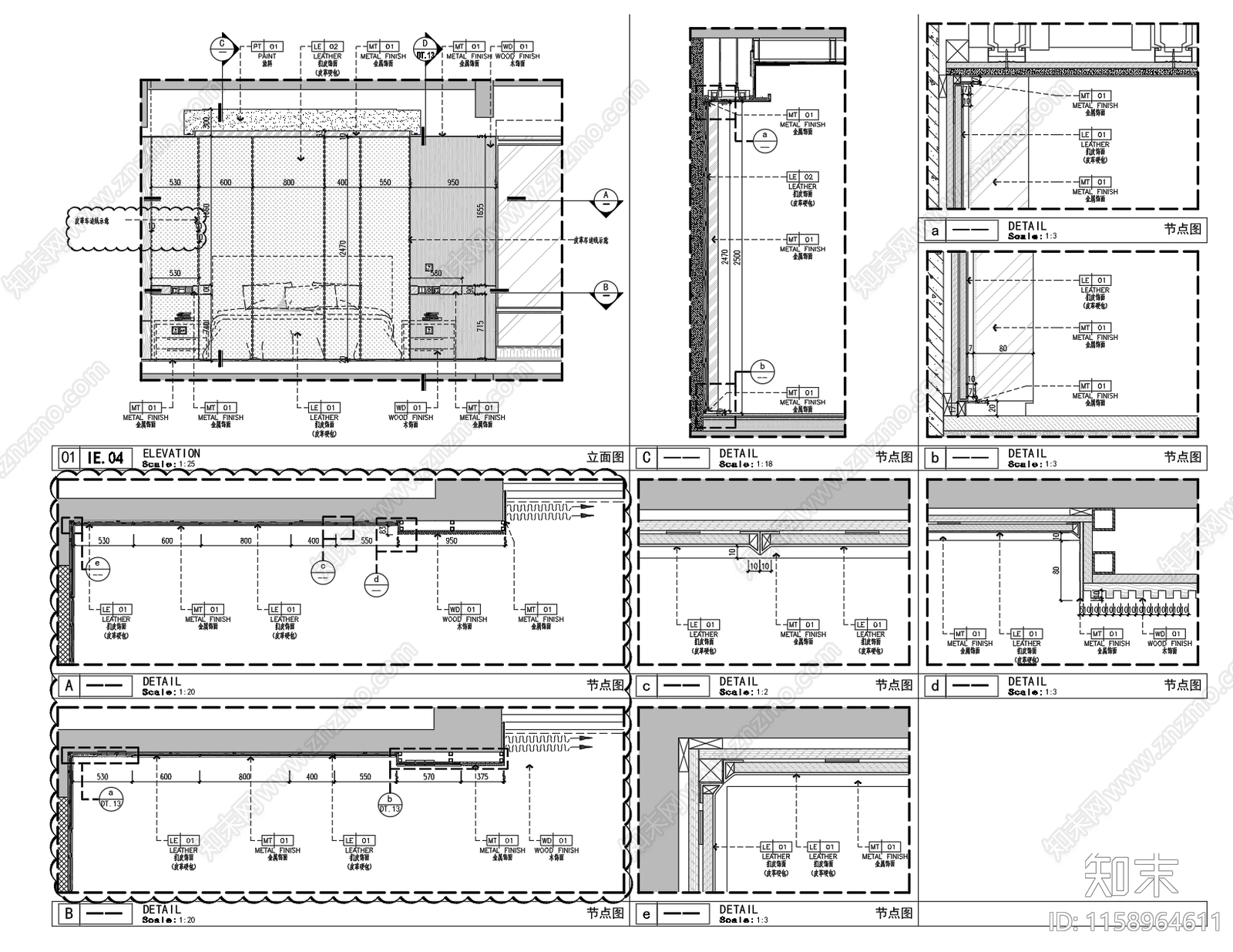 现代样板房主卧床背景墙独立节点图cad施工图下载【ID:1158964611】