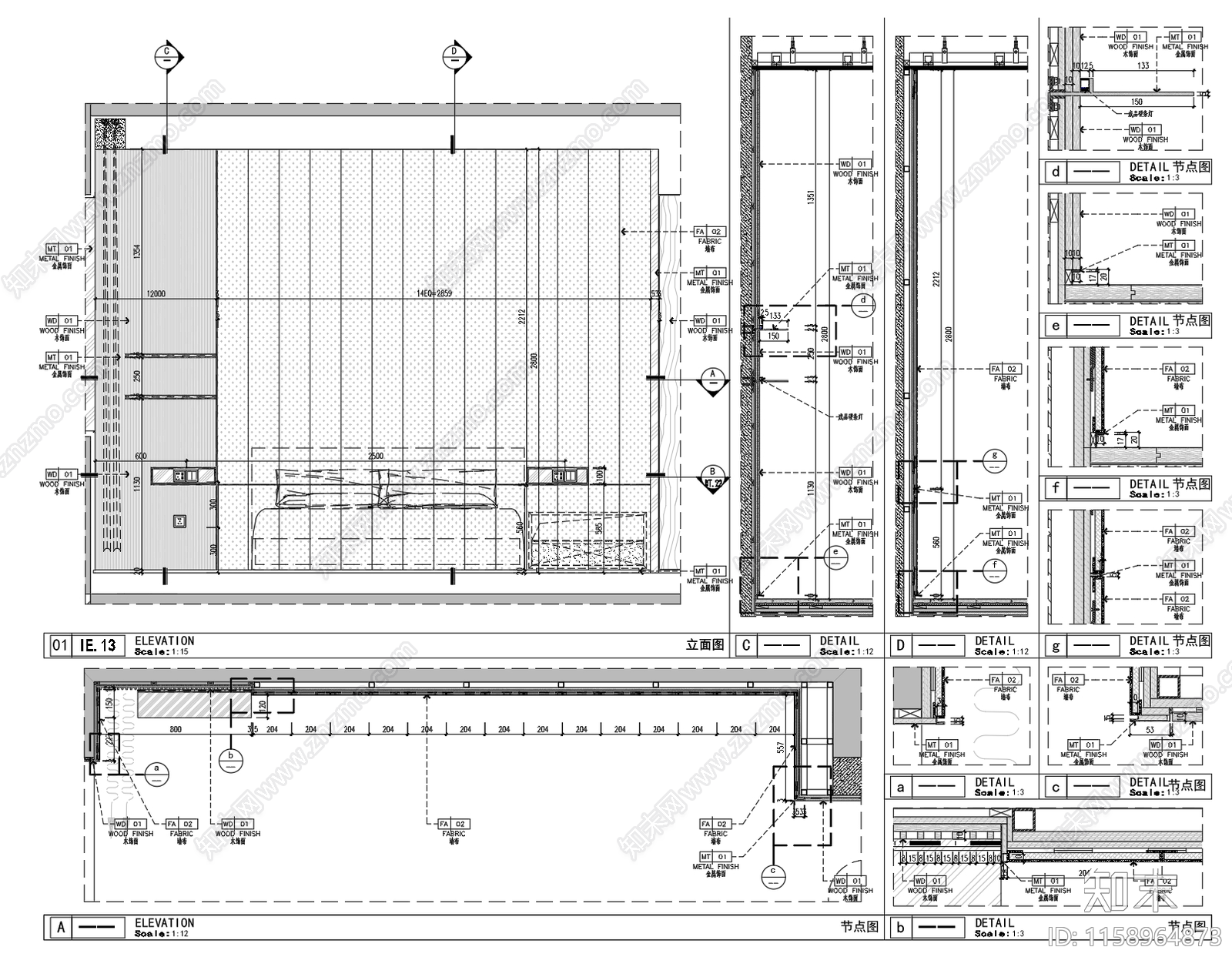 现代样板房卧室床头独立节点cad施工图下载【ID:1158964873】