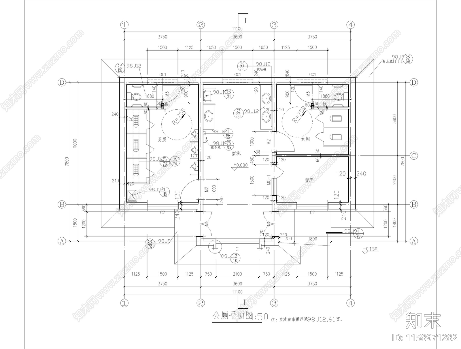 砖混结构公园公厕建施图cad施工图下载【ID:1158971282】