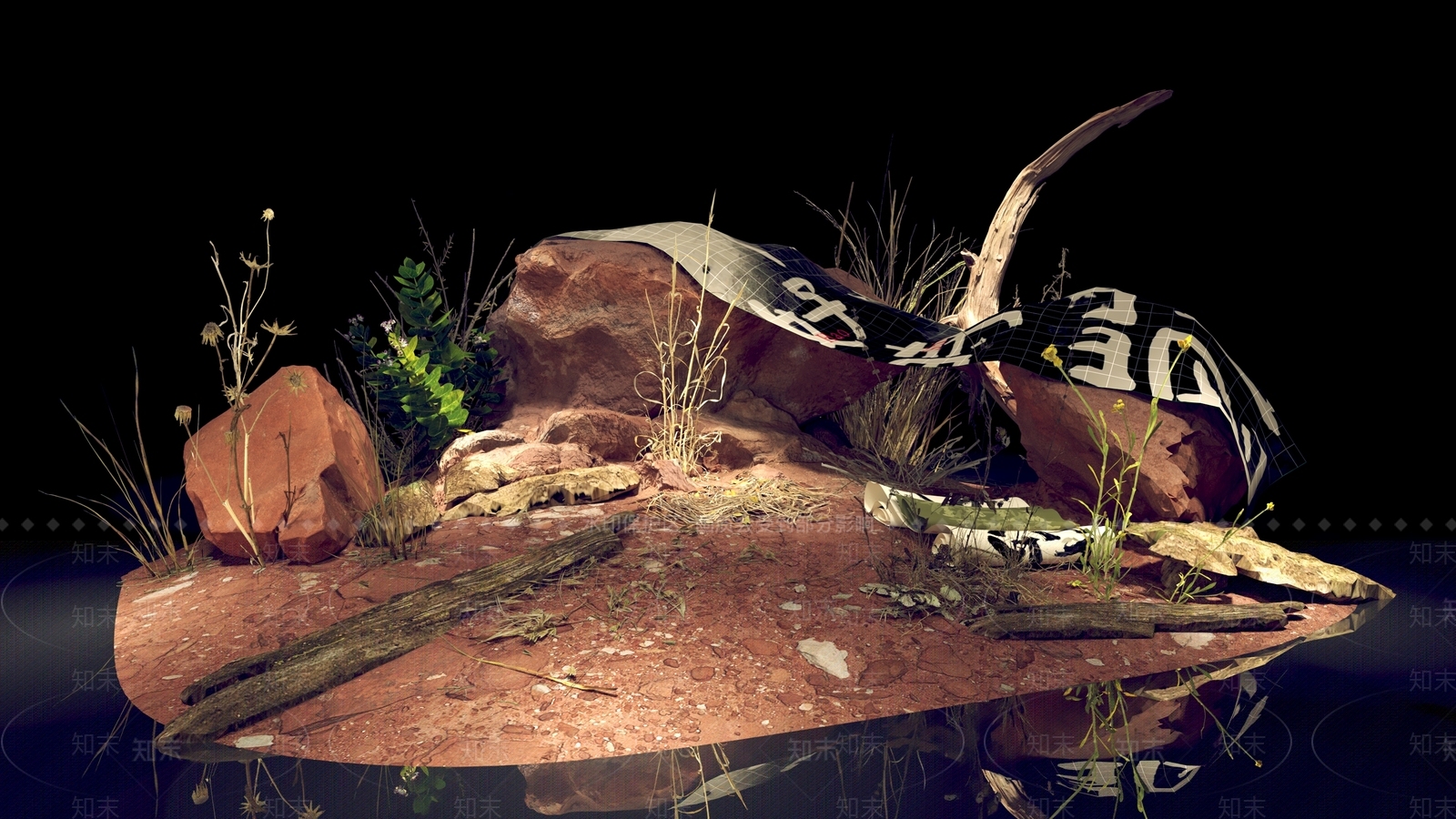 现代自然景观岩石戈壁枯木绿植飞天茅台竖幅仙人掌3D模型下载【ID:1158992352】