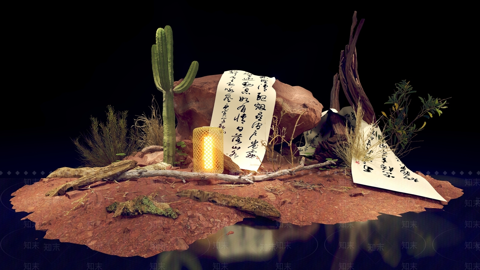 现代自然景观岩石戈壁枯木绿植飞天茅台竖幅仙人掌灯笼3D模型下载【ID:1158992540】