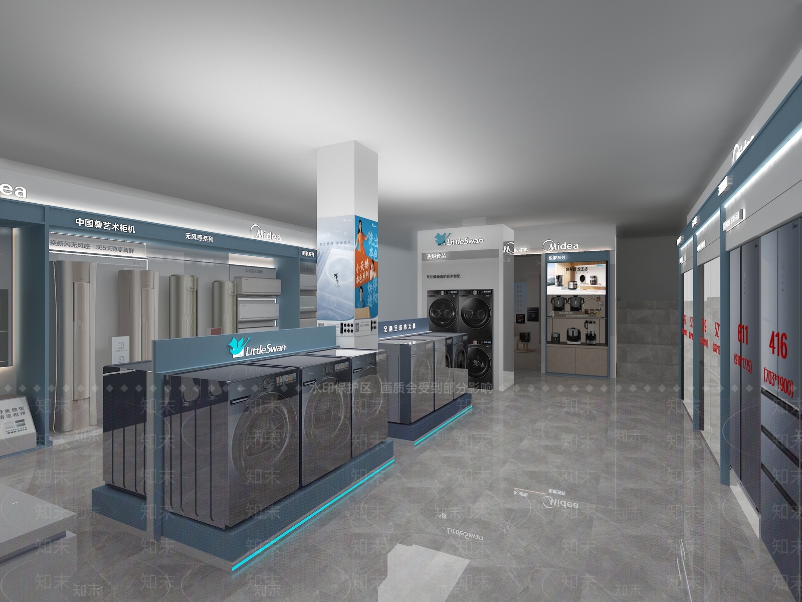 美的专卖店展台美的热水器美的空调冰箱小天鹅洗衣机净水器展台3D模型下载【ID:1159003142】