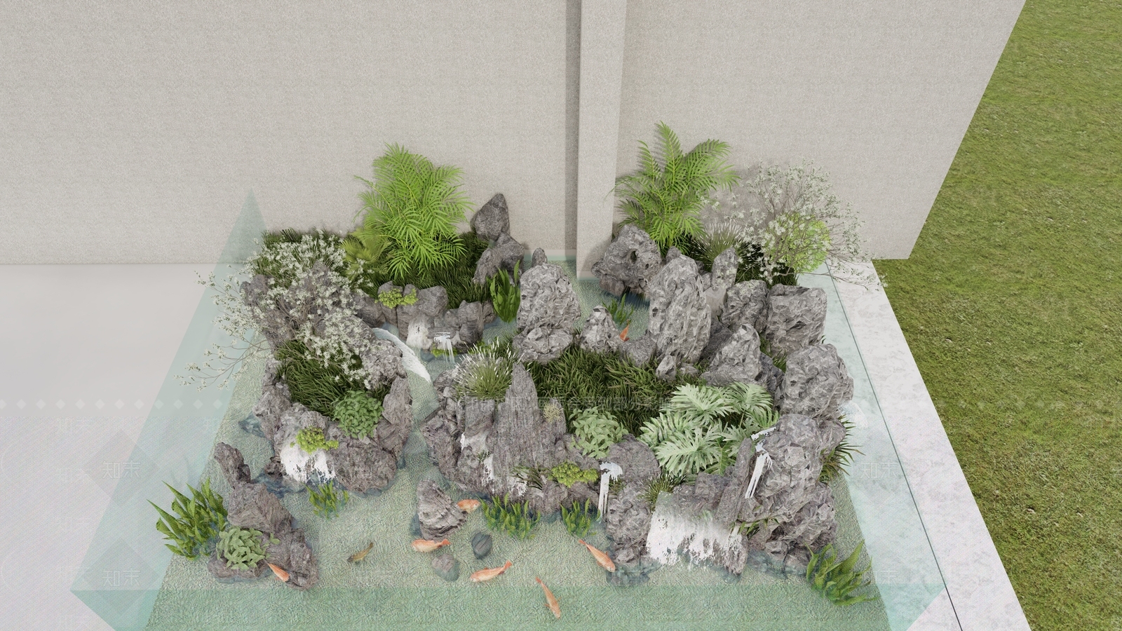 现代自然式假山造景生态鱼池SU模型下载【ID:1159011381】