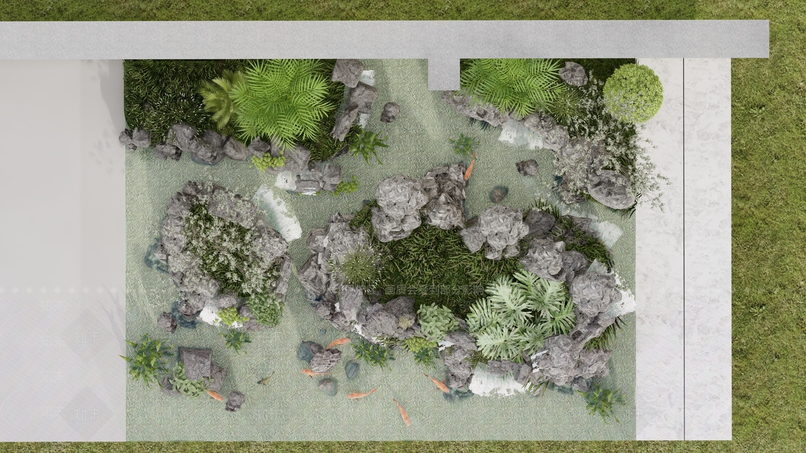 现代自然式假山造景生态鱼池SU模型下载【ID:1159011381】