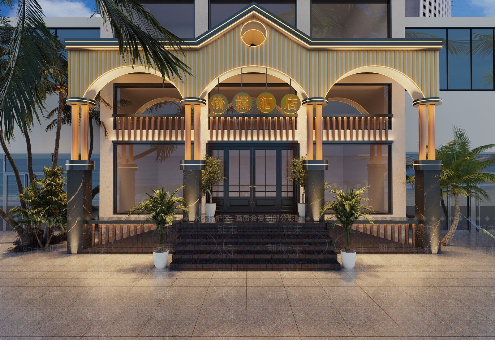 现代海边酒店门头效果图3D模型下载【ID:1159013551】