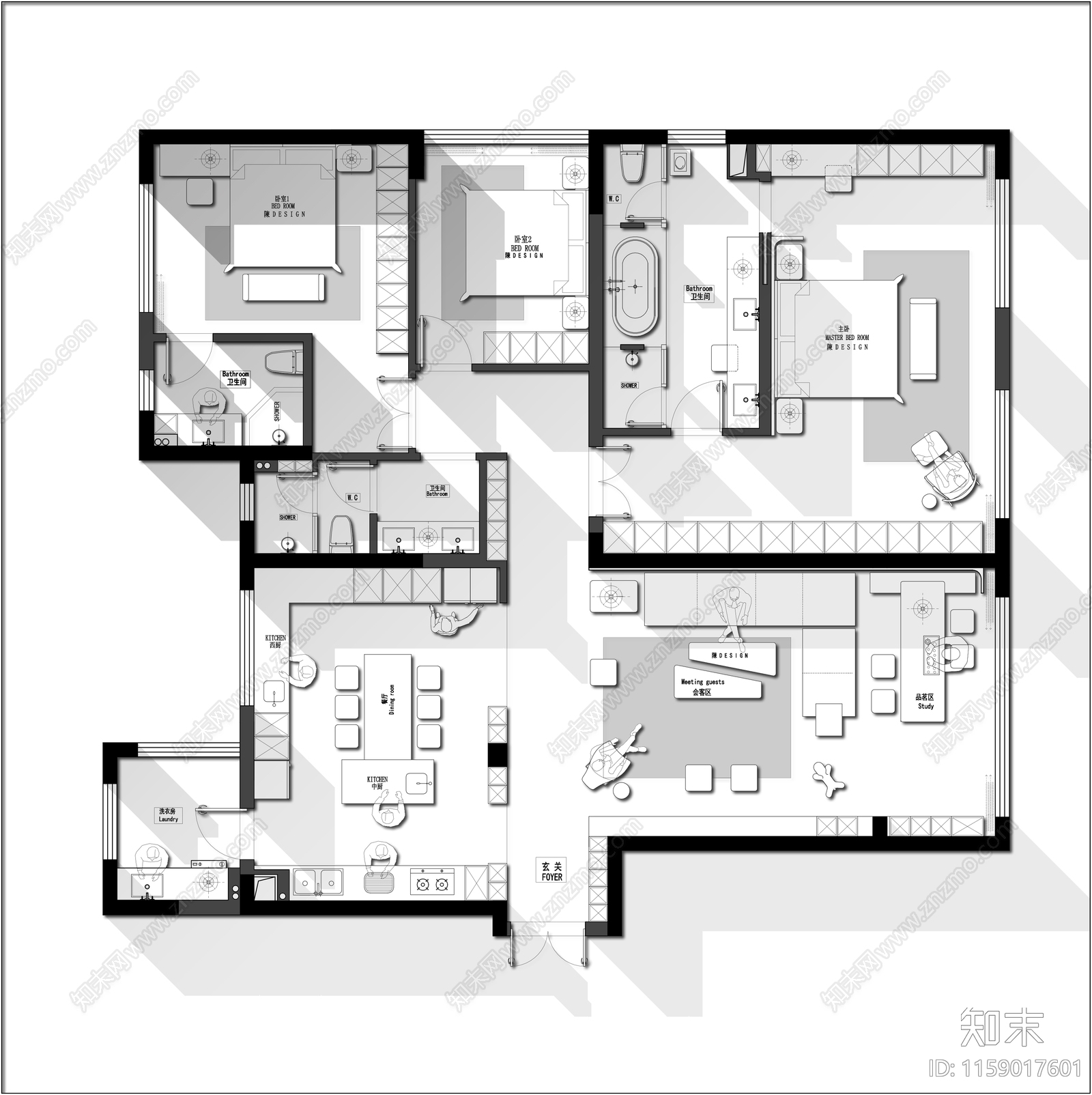 186平米三房大平层户型平面图施工图下载【ID:1159017601】