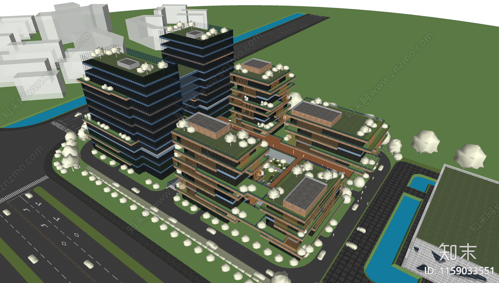 现代绿色风格高层办公园区SU模型下载【ID:1159033551】