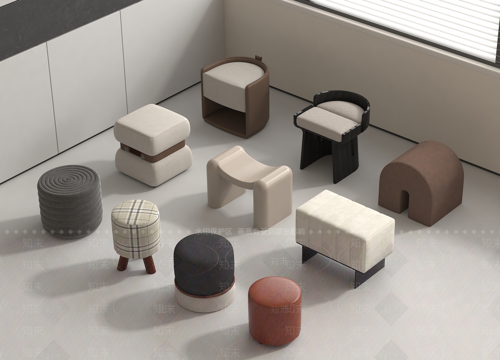现代沙发凳矮凳组合3D模型下载【ID:1159036824】