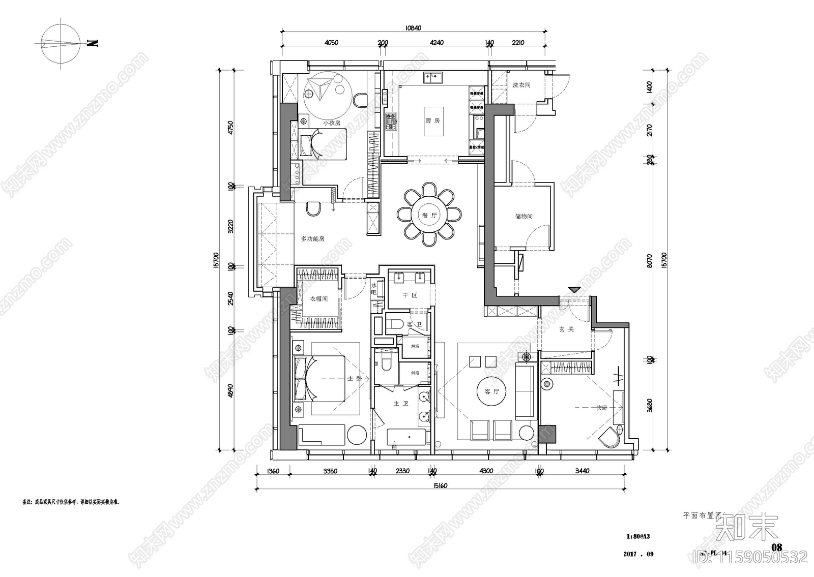 120m²两居室家cad施工图下载【ID:1159050532】