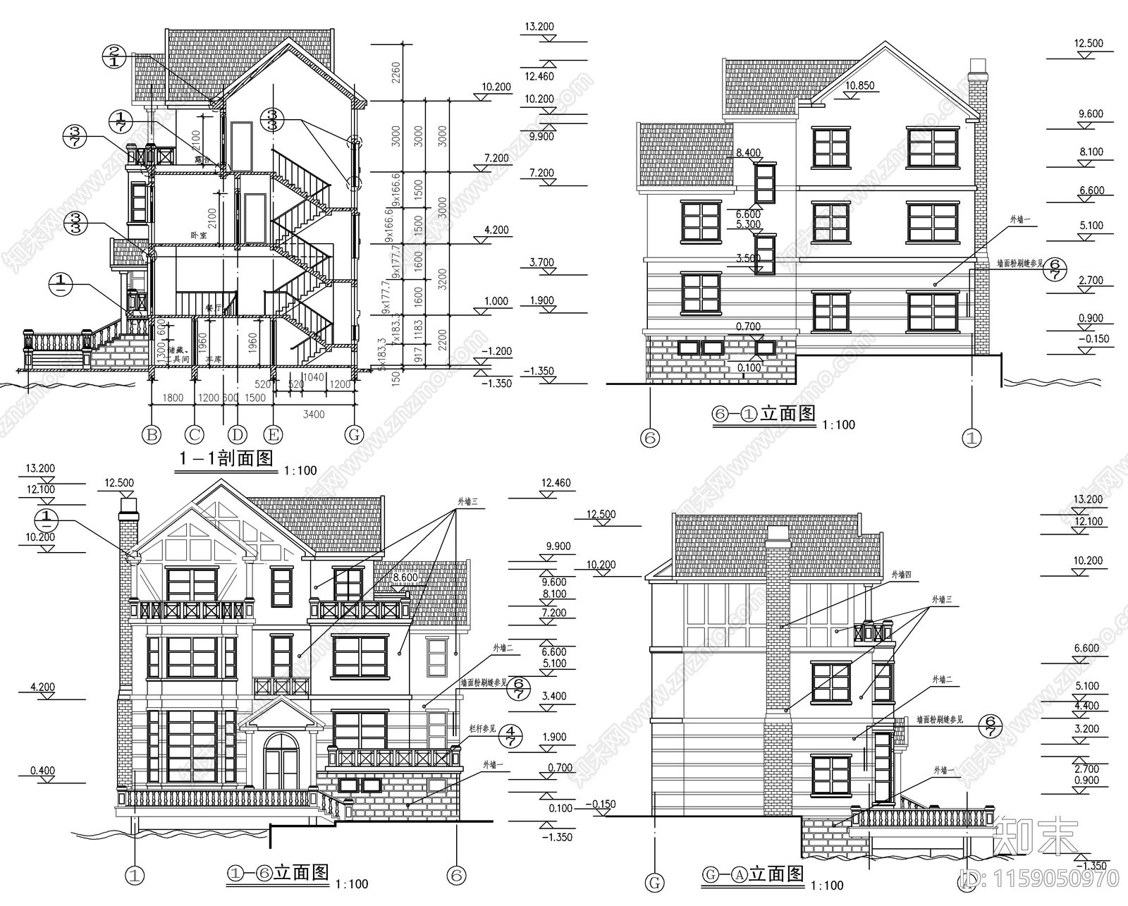 9套自建房建筑设计图cad施工图下载【ID:1159050970】