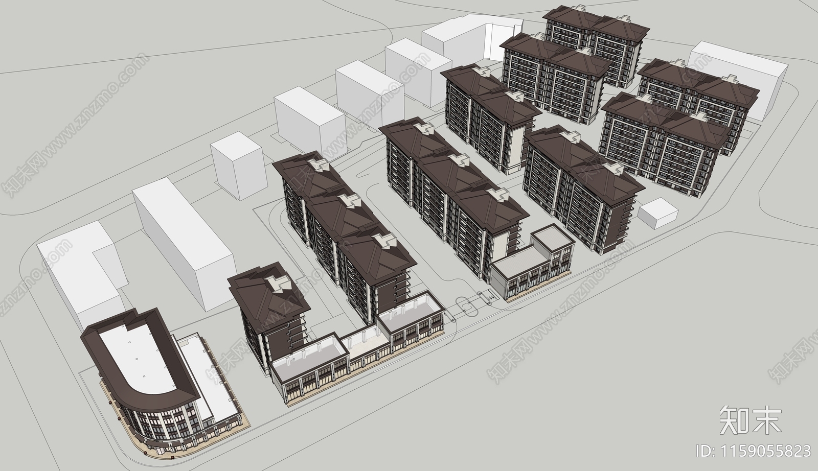 新中式小区建筑SU模型下载【ID:1159055823】