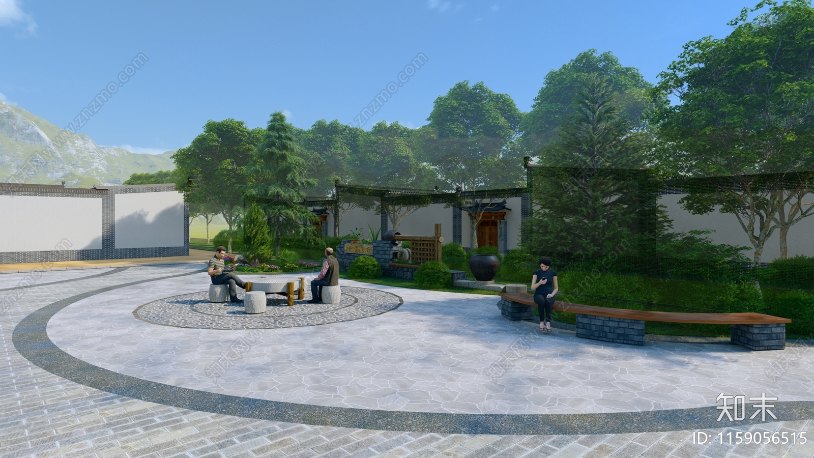 新中式乡村广场SU模型下载【ID:1159056515】
